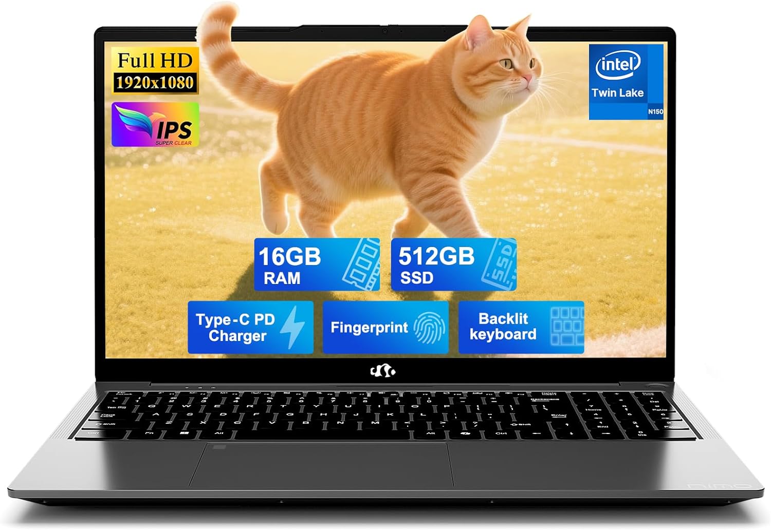 NIMO 15.6" IPS FHD-Student-Laptop, 16GB RAM 512GB SSD Intel N150(Beat i3-10110U, Up to 3.6GHz) Computer with 65W Type-C, Fingerprint, Backlit Keyboard, Wi-Fi 6, BT5.2, for Business and Home