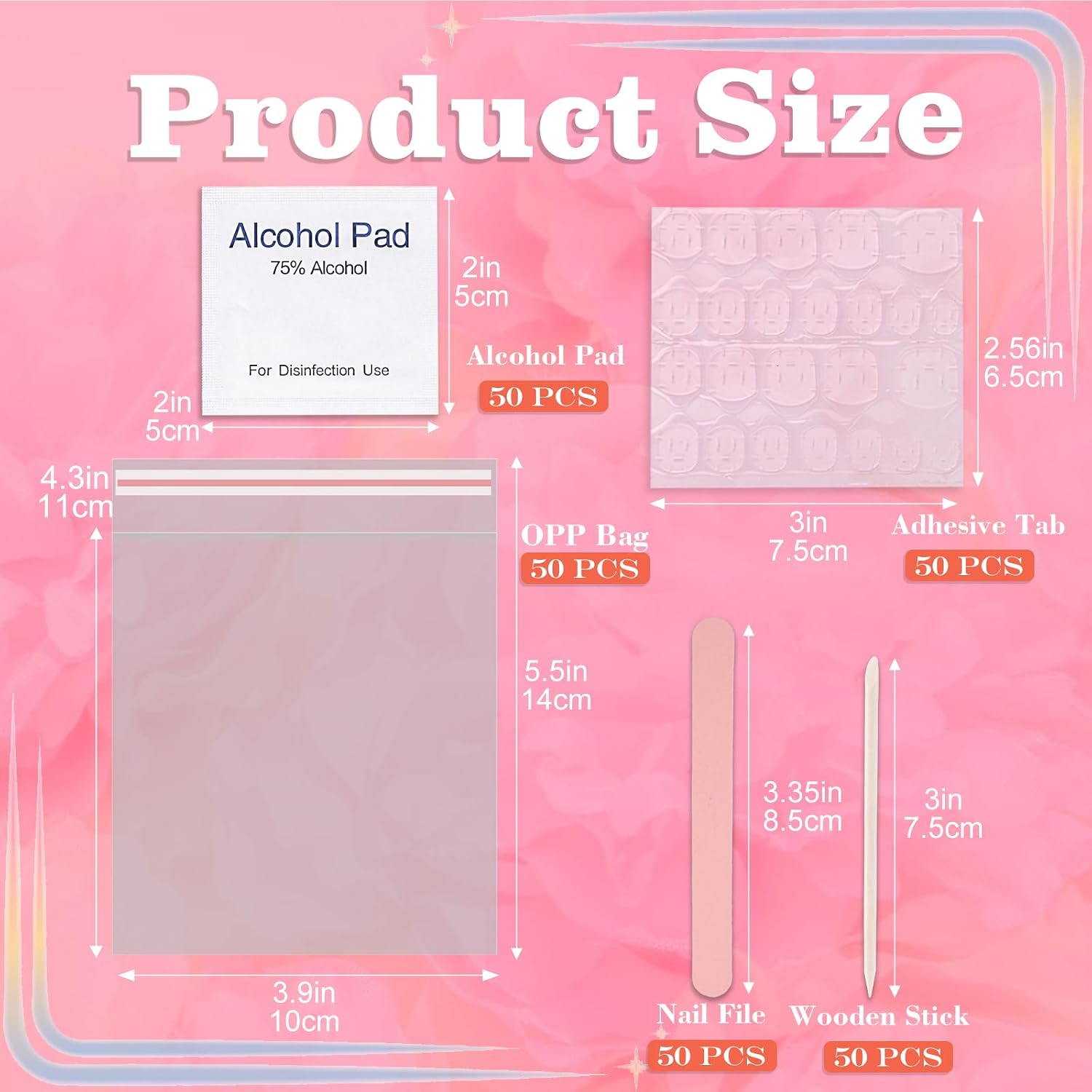 50 Set Disposable Press on Nail Tool Kit, Including 50pcs Nail File, 50 Adhesive Nail Tabs, 50 Prep Pad, 50 Wood Stick, 50 OPP Bag, Manicure Nail Prep Kit for Salon Home (50pcs-B-Pink)
