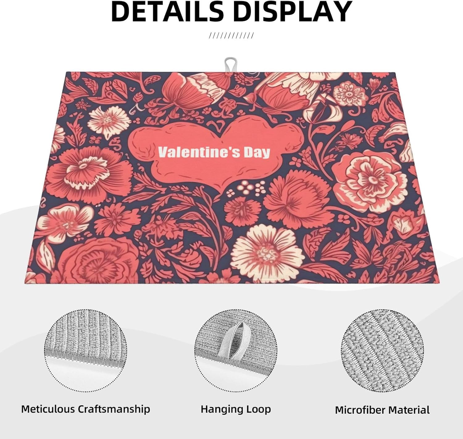 Floral Pattern Valentine'S Day Print Dish Drying Mat Microfiber Absorbent Nonslip Drying Pad 18 X 24 In Hanging Dishes Drainer Rack Mats For Kitchen Counter image 3