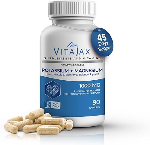 Suplemento de potasio y magnesio 1000 mg  90 cápsulas  Suplemento de magnesio y potasio para corazón, calambres en las piernas, músculos