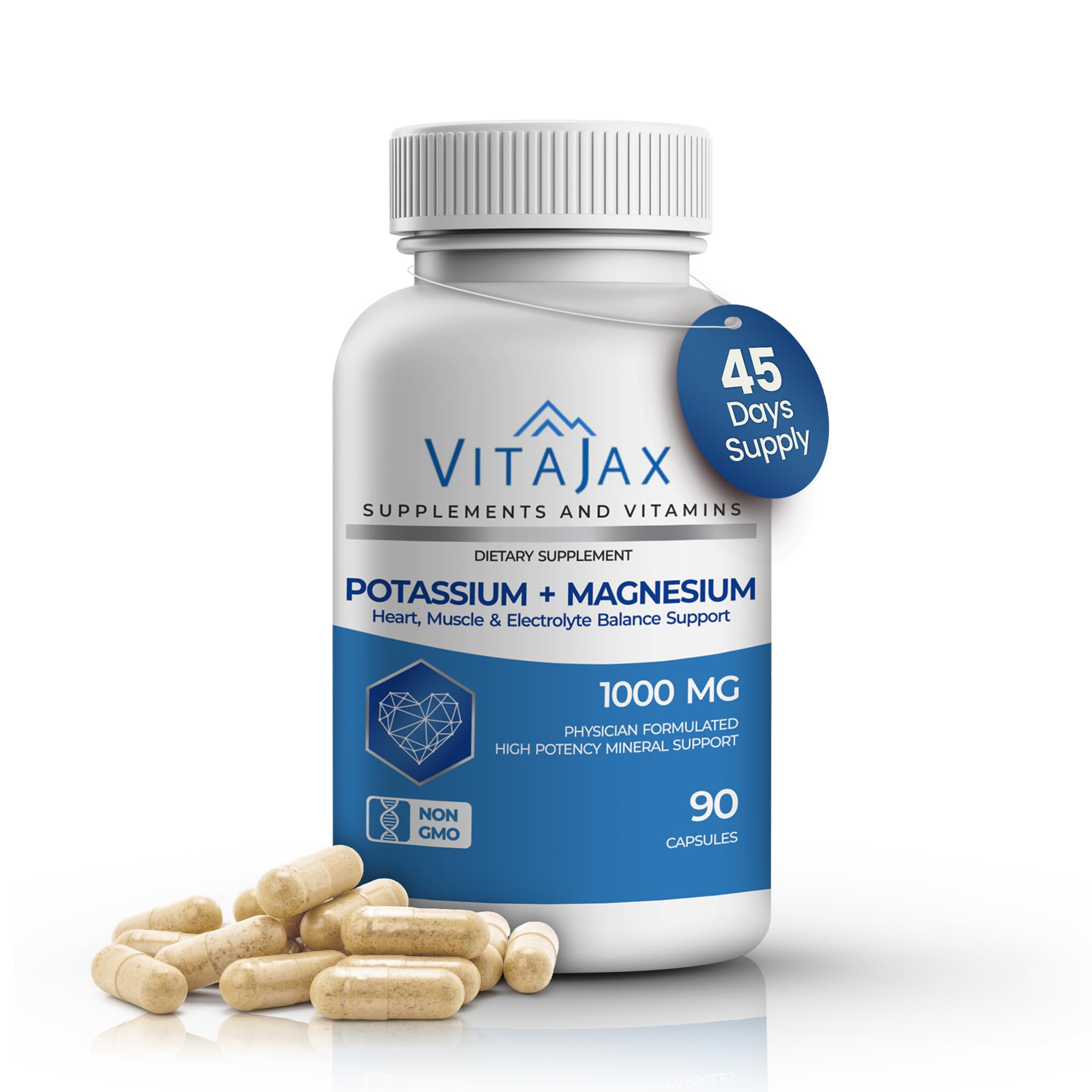 Potassium Magnesium Supplement 1000mg | 90 Capsules | Magnesium and Potassium Supplement for Heart, Leg Cramp, Muscle & Electrolyte Balance Support | Gluten Free, Non-GMO | 3-Month Supply 90 Count (Pack of 1)