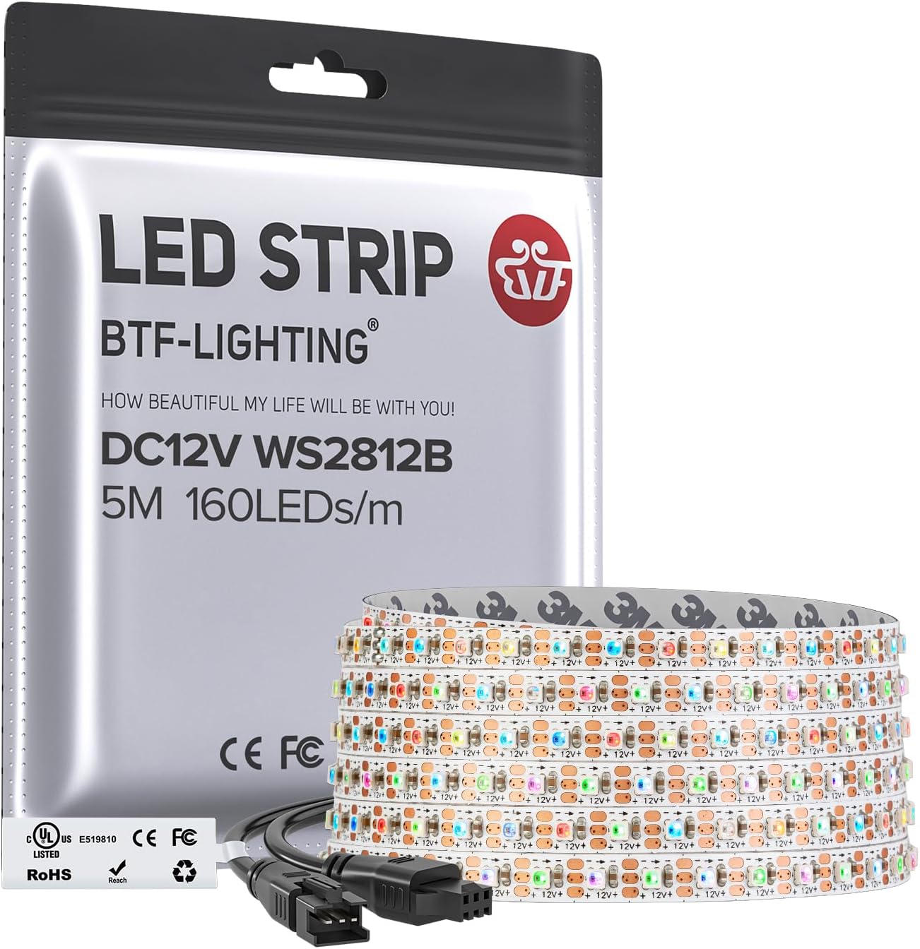 BTF-LIGHTING WS2812B IC RGB 5mm Ultra Narrow LED Strip 2020SMD DC12V Individually Addressable 16.4FT 160Pixels/m 600LED Dream Color Tape Light for Home DIY Decoration IP30 (No Adapter or Controller)