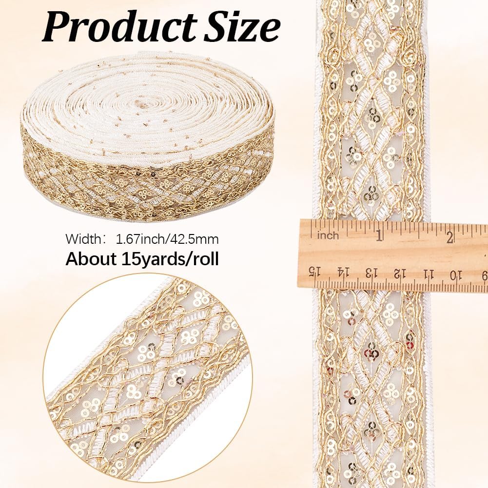 GORGECRAFT 13.7m Metallic Venice Flower Lace Ribbon 4cm Gold Sequins Lace Mesh Trim Vintage Crochet Applique Sewing Craft Supplies Embroidery Edge Trimming for Curtain Tablecloth Bridal Decor