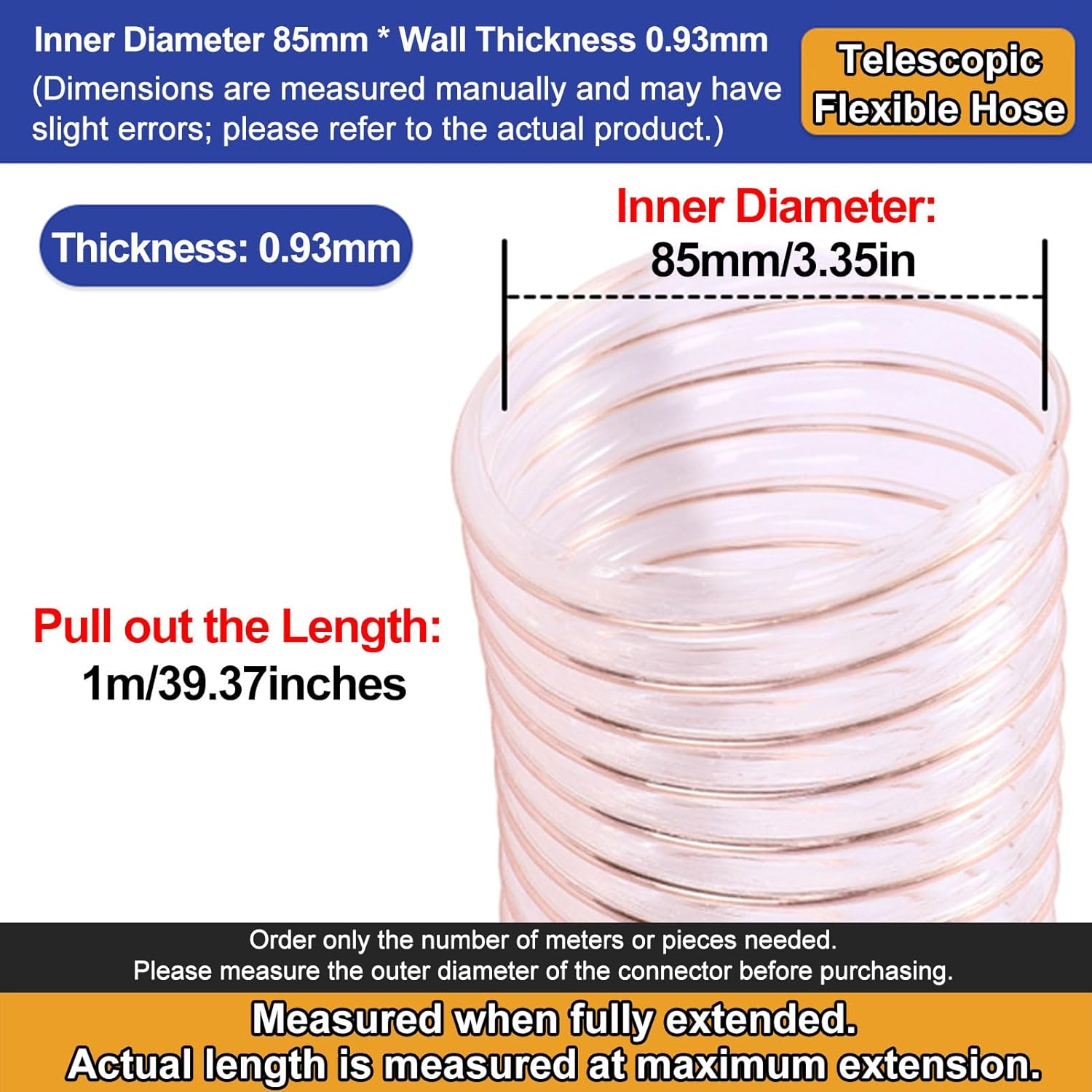 PU Polyurethane Ducting Flexible Hose Inner Diameter 85MM Pipe Air Duct Length 39.4In All-Season Softness Tube Ideal for Industrial Use,Wall Thickness 0.93mm