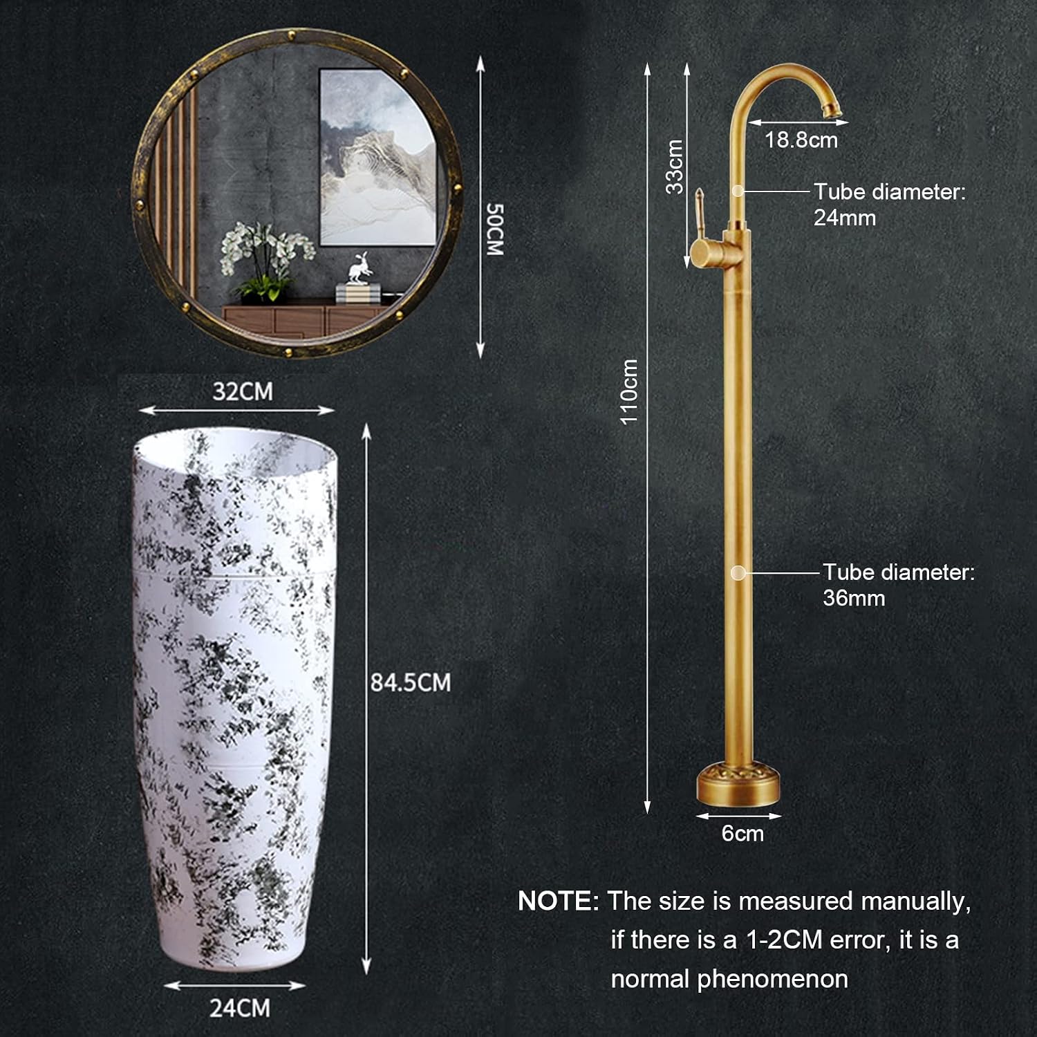 Bathroom Basin Sink with Full Pedestal and One Tap Hole Round Freestanding Sink Ceramic Basin Sink and Pedestal Bathroom,G,with Mirror (J Without Mirror)