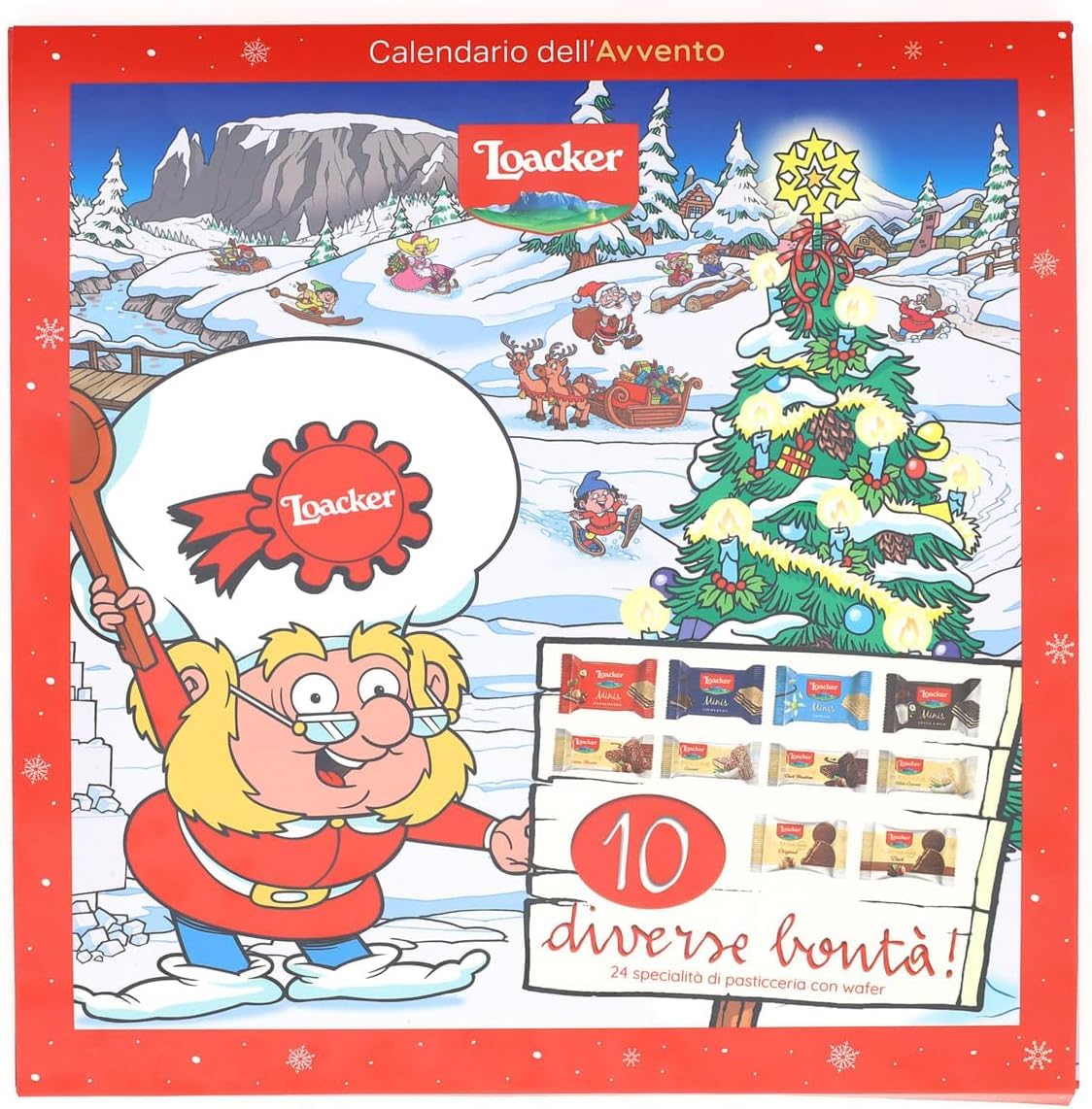 Loacker, Advent Calendar Gnometti XL 2025, Mix of 24 Loackers, Wafers and Chocolates Assorted Flavors, Gift Idea, Christmas, Hanging or Tabletop, Recyclable Cardboard, 222 g