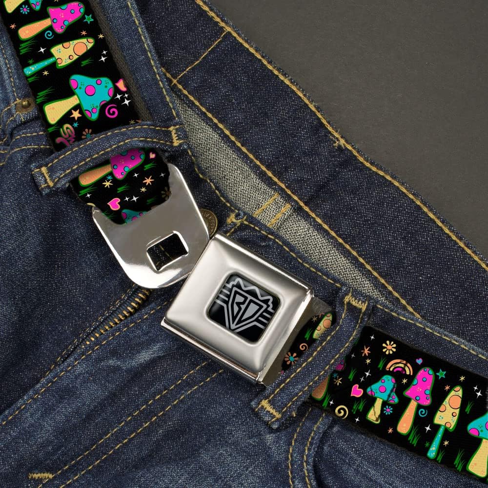 Buckle-Down Belt, Seatbelt Buckle Belt, Mushroom Shroomy Garden Black Multi Color, Adjustable