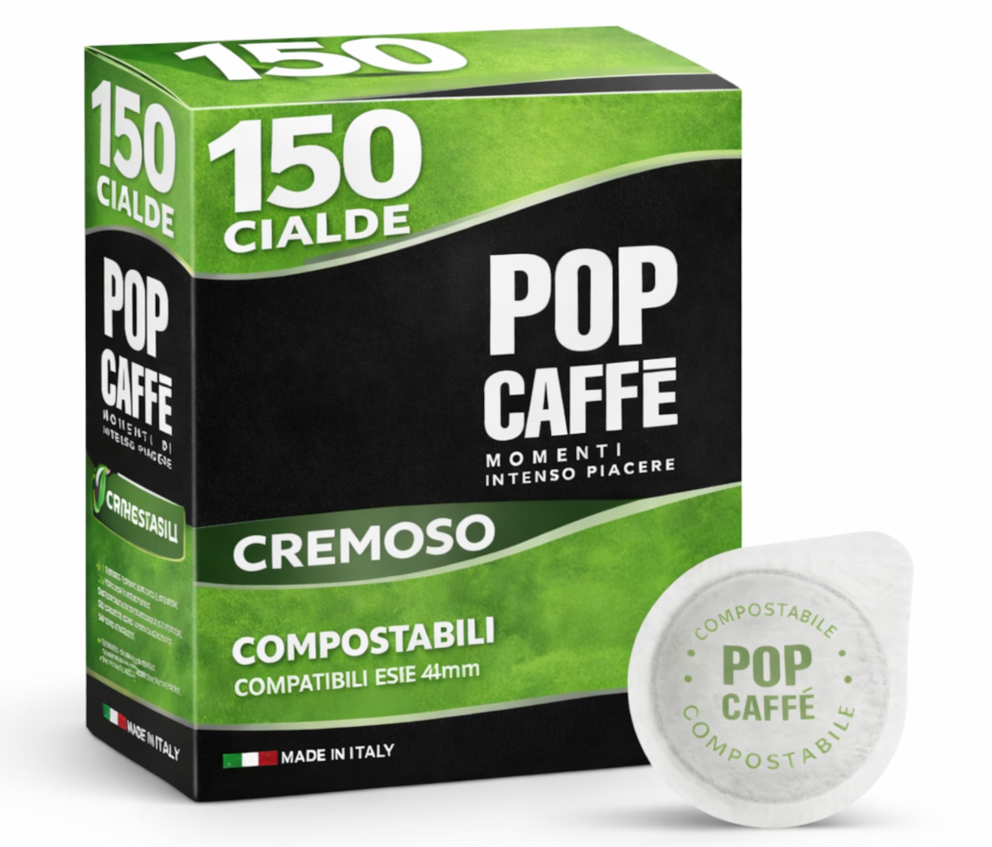 POP Caffè Cialde ESE 44 Compostabili – 150 Cialde Caffè Miscela Rossa Cremosa, Espresso Intenso, Compatibili con Macchine ESE 44mm