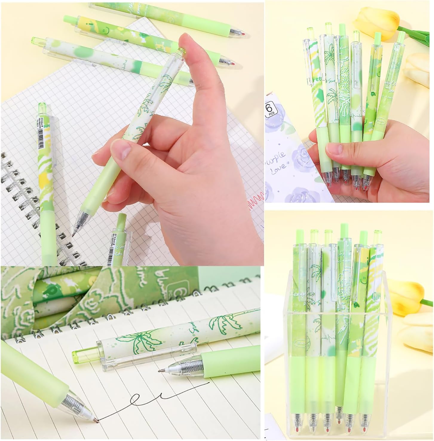 12pcs Cute Retractable Pens Aesthetic Gel Pens Black Ink Writing Pens with 0.5 mm Smooth Fine Point Novelty Printing Pens Office Supplies for Women Men (green 6color 12pcs) image 3