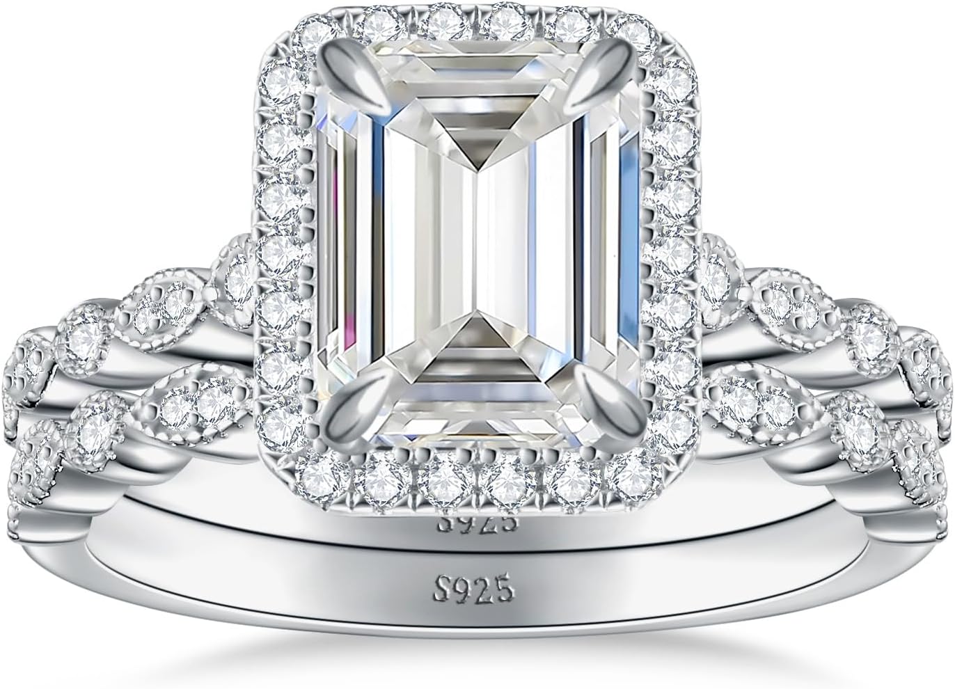 3CT Moissanite Engagement Ring Set for Women,D Color VVS1 Emerald Cut Halo Bridal Wedding Set, 925 Sterling Silver Promise Stackable Ring, Anniversary Birthday Gift, Size 5-10