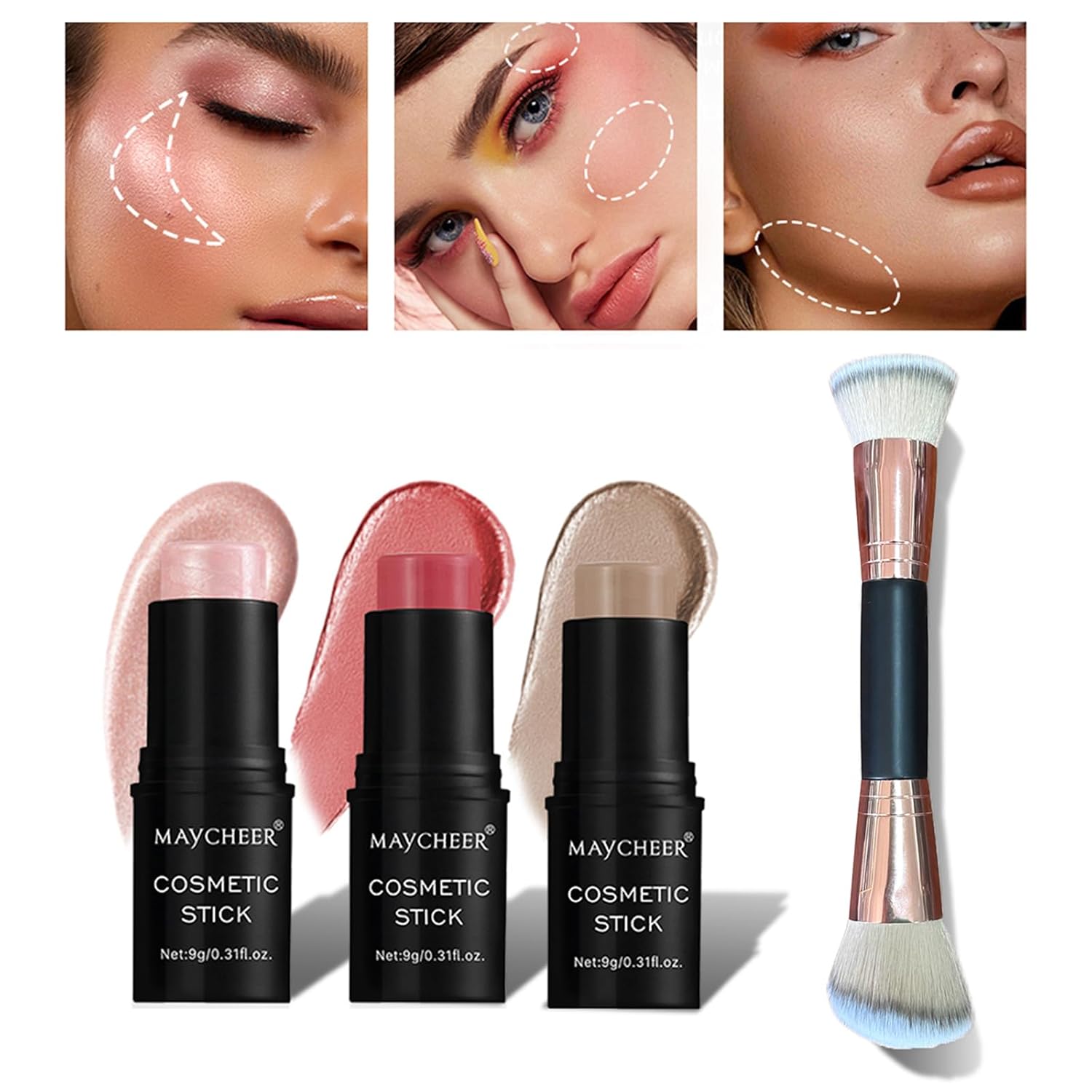Contour Stick Makeup Set, 2024 New Face Stick Cream Blush, Bronzer Stick, Highlighter Stick for Face with Makeup Brush, Long Lasting & Natural Matte Contour Sticks for Beginner, 3 Colors #02, 04, 06