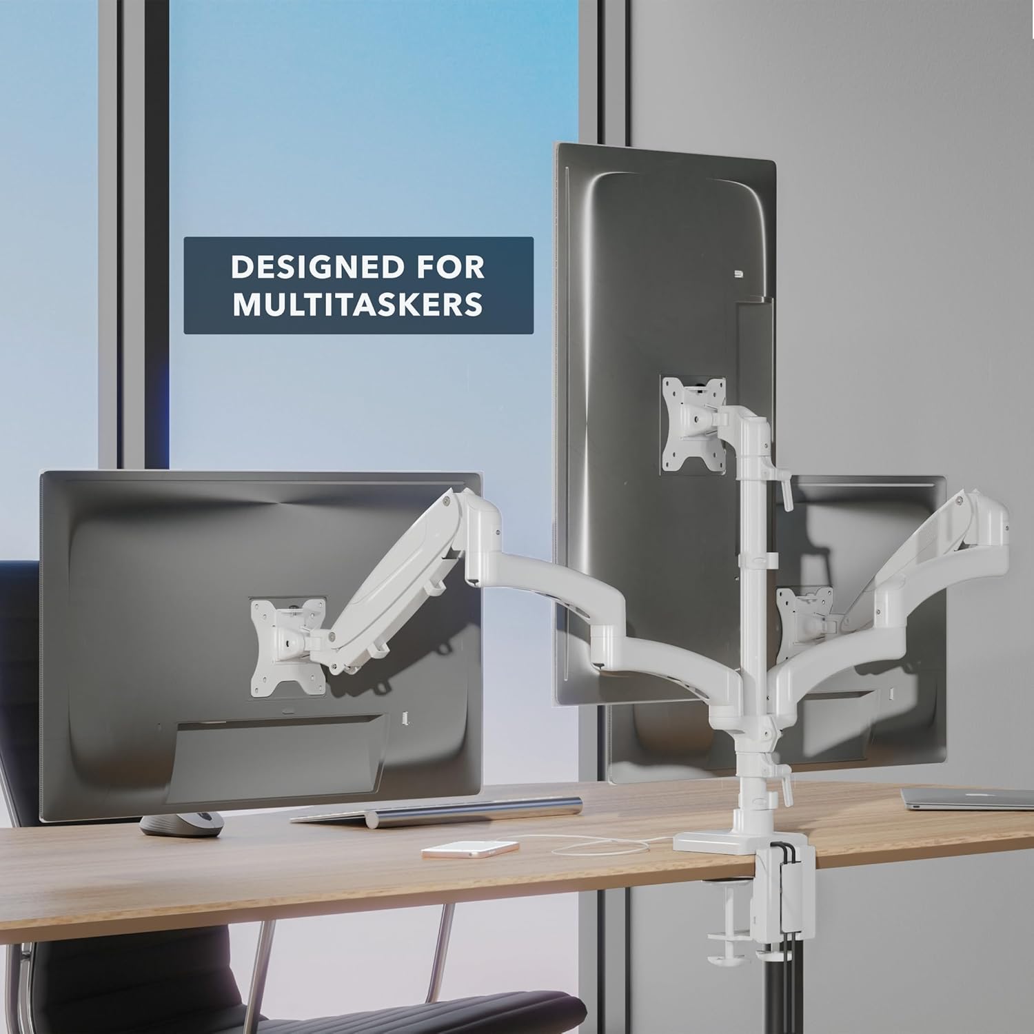Mount-It! Triple Monitor Mount, 3 Monitor Desk Mount, Gas Spring Arms, Fits 13–27" Screens, VESA 75 & 100, Clamp or Grommet, USB-A & USB-C, White