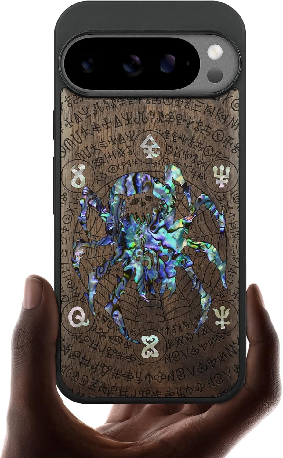 Carveit Magnetic Wooden Case for Google Pixel 10 Pro XL Case, Wood Artisan Engraved & Handmade Shell Inlaid, Compatible with MagSafe Wireless Chargers, Norse Emblems - Rosy