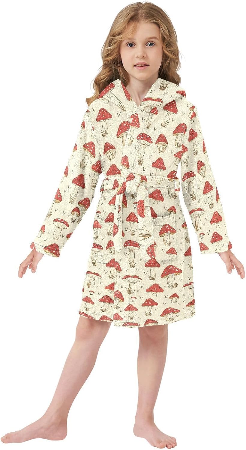 senya Red Mushroom and Grass Z Toddler Hooded Bathrobe Kids Soft Plush Bath Towel Robes for Boys Girls 2-12 Years