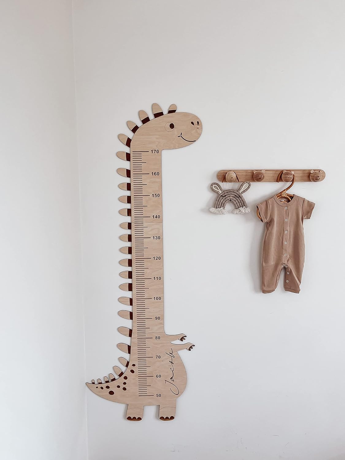 Kids Growth Chart - Dinosaur Room Decor - Boho Nursery Wall Decoration - Measuring Height with Custom Name