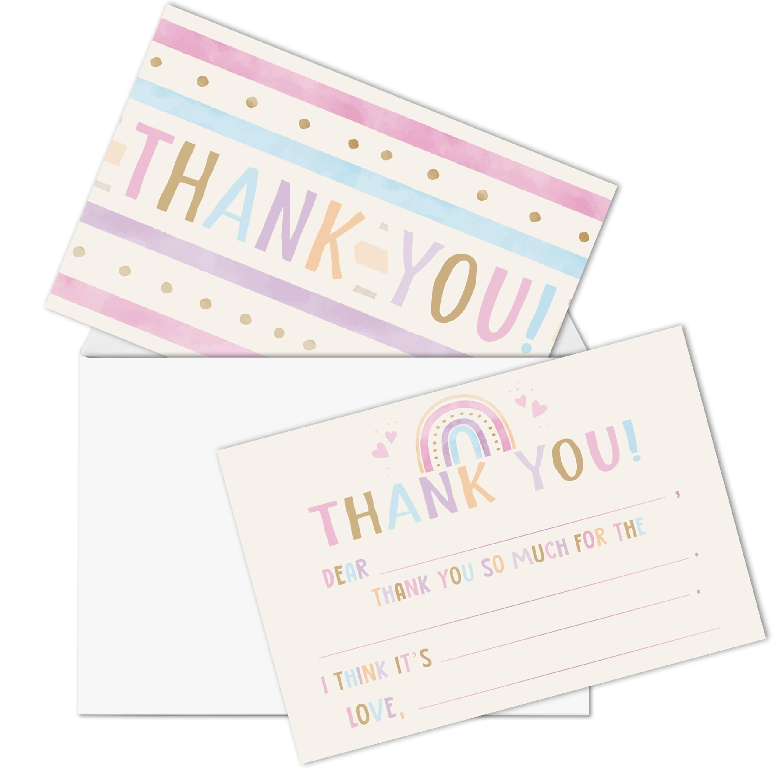 FTRZX Boho Kids Thank You Cards, Rainbow Thank You Card For Baby Shower Birthday Party, Kids Fill In The Blank Birthday Cards, 20 Pack Cards With