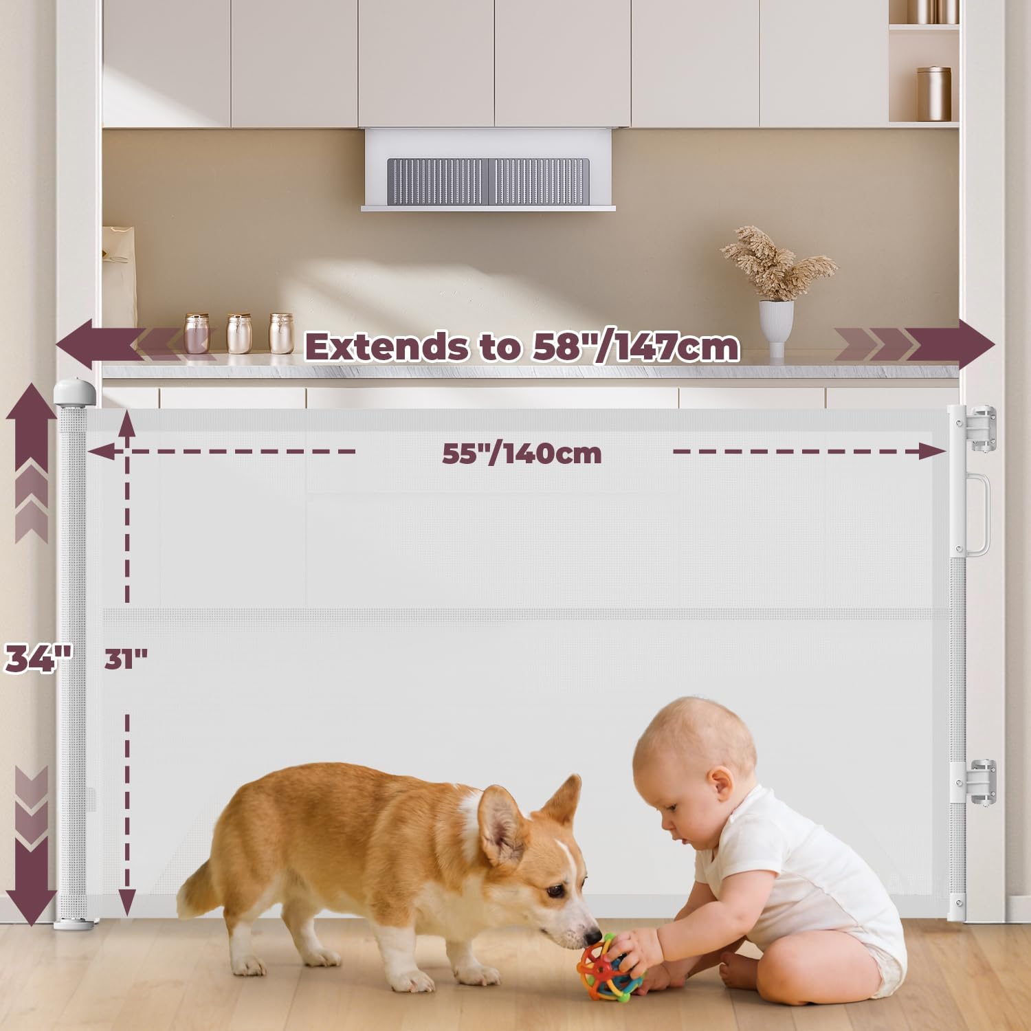 Retractable Baby Gates for Doorways, 58" Extra Wide Mesh Child Dog Gate for Stairs, 34" Tall Toddler Pet Gate Indoor and Outdoor, Easy Install, Essential for Home Safety, White White 34" Tall x 58" Wide