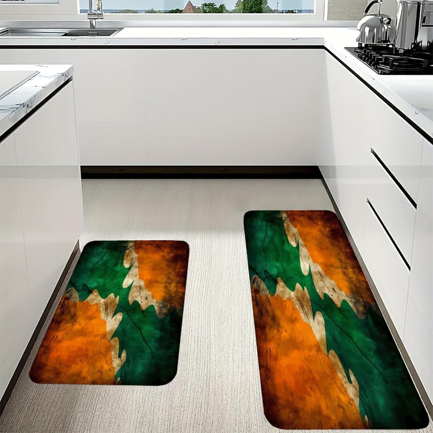 Green and Orange Pattern Kitchen Mats with 2PCS Non-Slip Washable,Kitchen Rug Heavy Duty Durable, Floor Mats for Kitchen,Office,Sink,Laundry