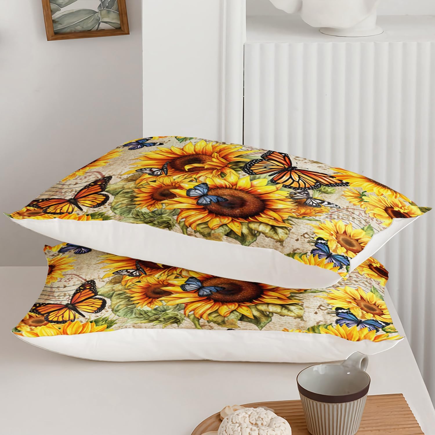 AILONEN Sunflower Duvet Cover Set King Size, Butterfly Comforter Cover Set, Retro Yellow Flower Comforter Cover Set - 3 Pieces (1 Quilt Cover, 2 Pillowcases)