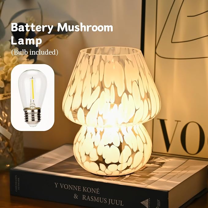 AOMOONOA Glass Mushroom Lamp, Small Mushroom Desk Lamps with LED Bulb for Kitchen Counter, Cozy Lamp for Bedroom Nightstand, Battery Operated Cordless Lamps for Living Room, Gift for Mom photo 2