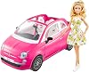Barbie Doll and Fiat 500 Car, Pink 4-Seater Vehicle with Barbie Doll in Fashion and Accessories, Gift for 3 to 7 Year Olds, HGV03