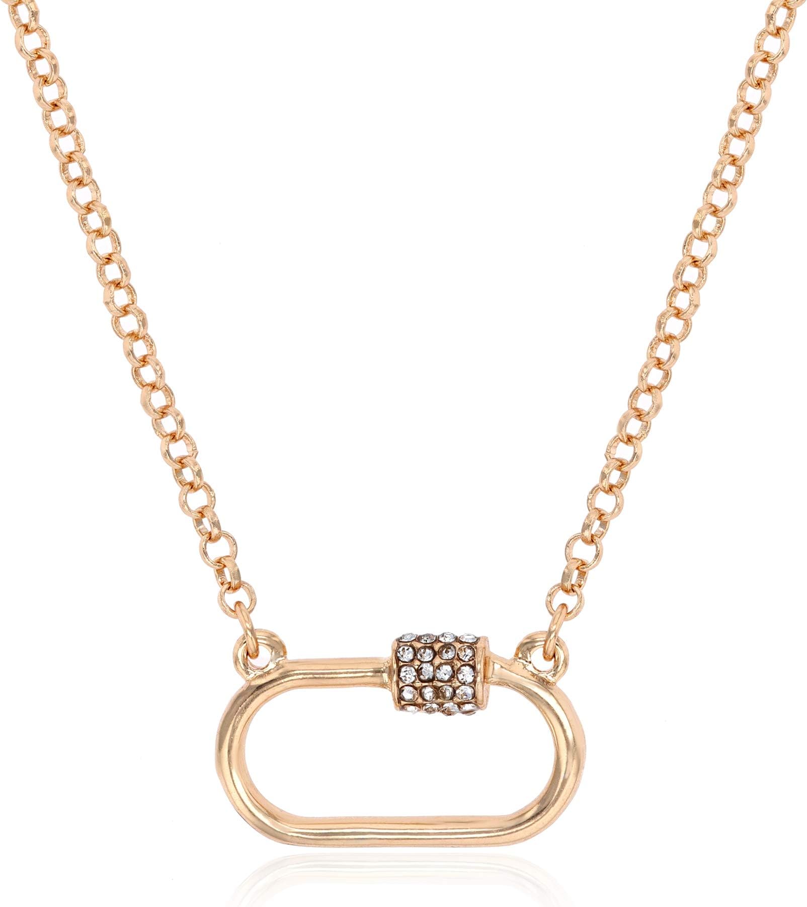 Pomina Dainty Gold Pave CZ Pendant Necklace Carabiner Lock Necklace Butterfly Heart Cross Oval Quatrefoil Pendant Necklace for Women