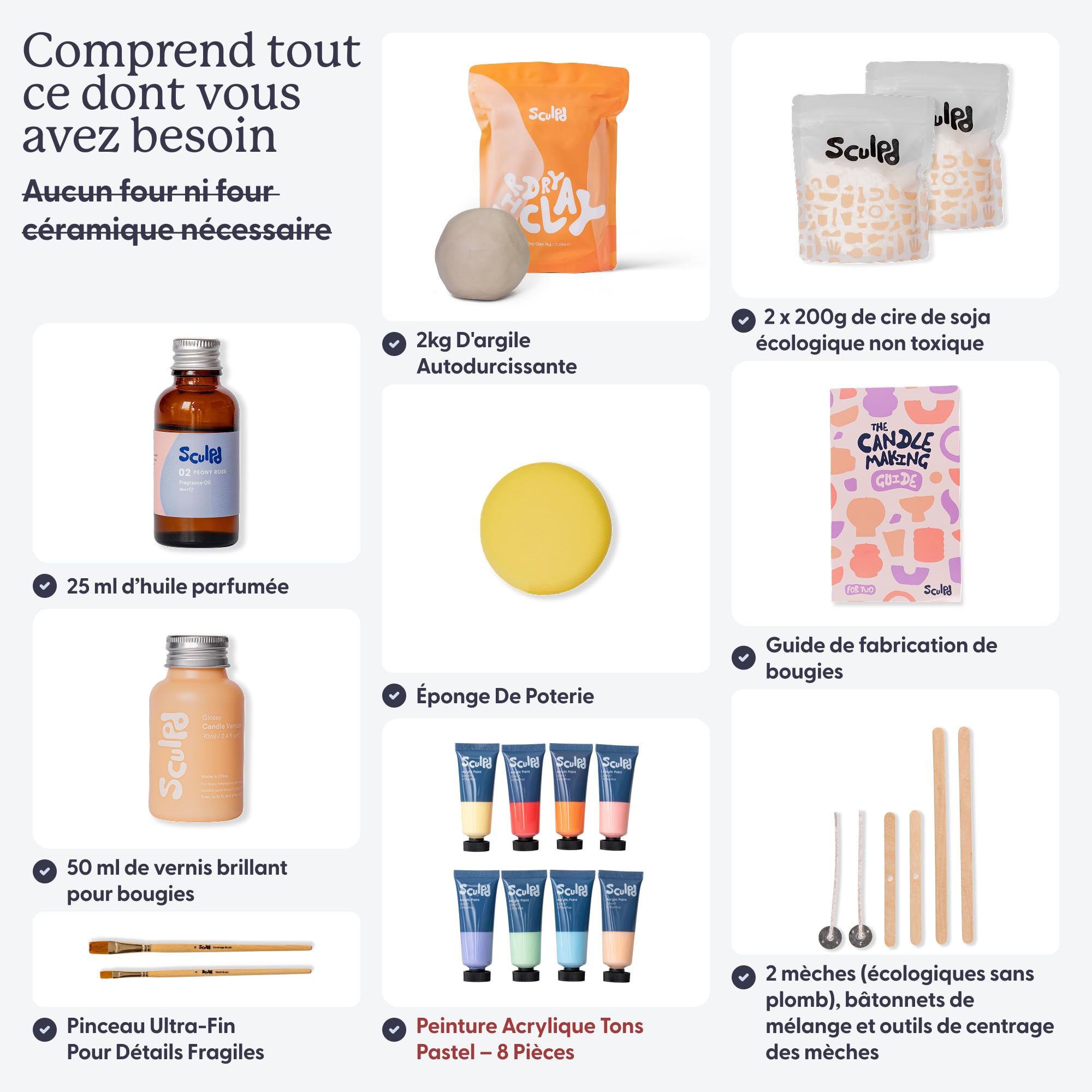 Kit de Fabrication de Bougies en Céramique Sculpd pour Adultes avec Ensemble d'argile à séchage à l'air et Peinture Acrylique, Cire de Soja Écologique Non-Toxique, Huile Parfumée Parfumée, Glaçure de