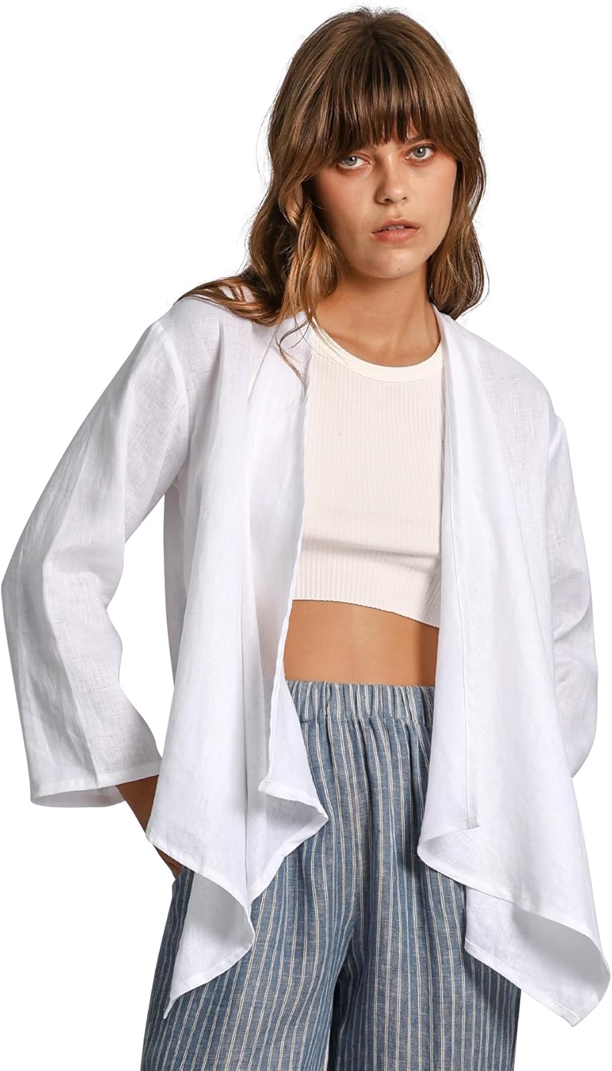 Amazhiyu Women's 100% Linen Draped Open Cardigan Summer Casual Asymmetric Tops