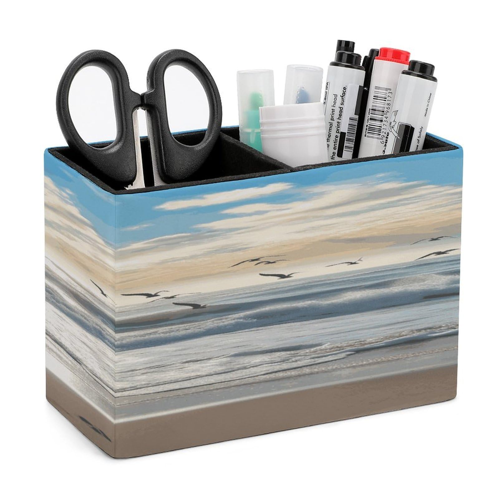 LDGSUPH Waves on The Beach with Sea Birds Leather Pen Holder for Desk Organizer Caddy Large Pencil Cup Multi-function Pencil Holder Makeup Brush Holders Pen Organizer for Home Office Storage Box