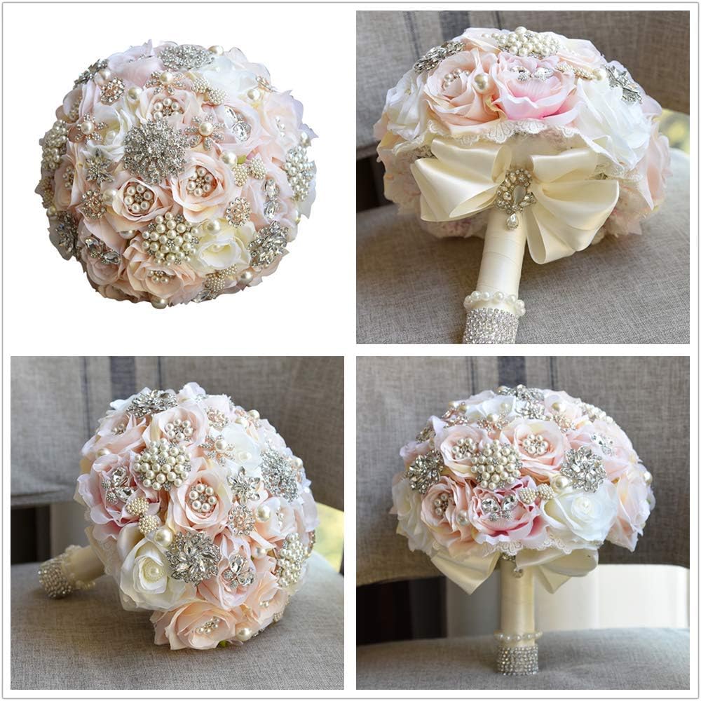 Abbie Home Luxury Wedding Bouquet Customization - Silk Rose Rhinestone Brooch Pearls Jewelry Decoration Multi Color Available