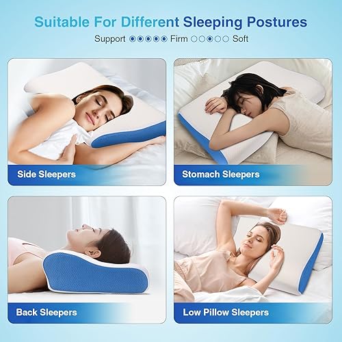 Miniatura 6 de Almohada cervical de espuma viscoelástica con funda extraíble lavable (azul-estándar), almohada para dormir de lado y espalda, almohada para aliviar