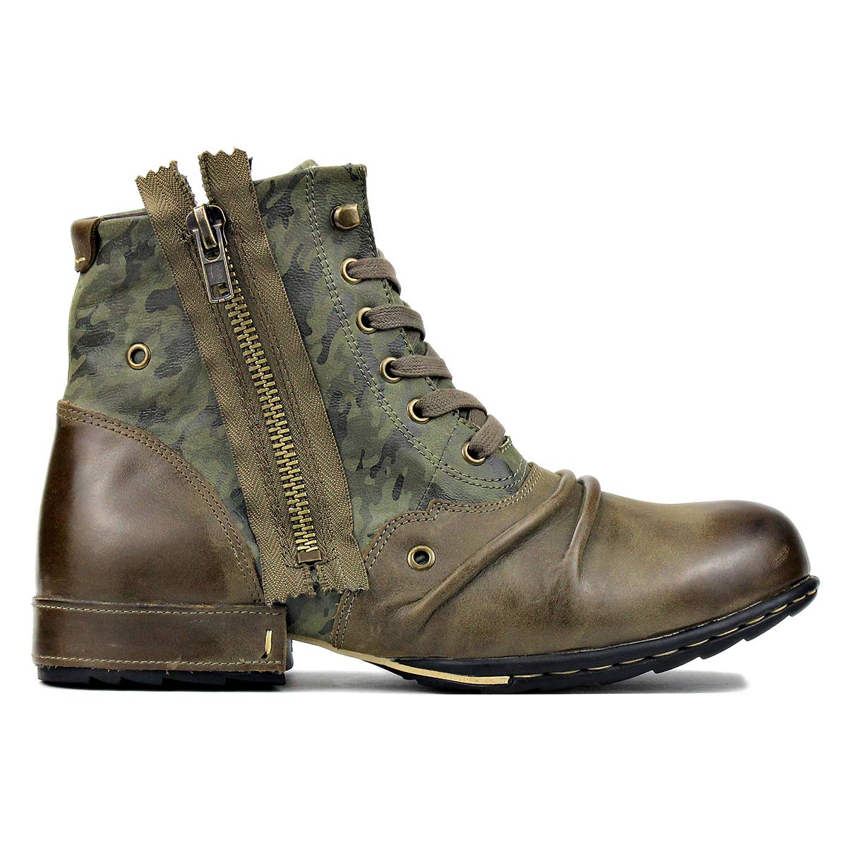 OSSTONE Herren Stiefel aus Rindsleder Lederstiefel mit Gummisohle Biker Boots mit Reißverschluss Männer Stiefeletten OS-5008-8-Green-DE