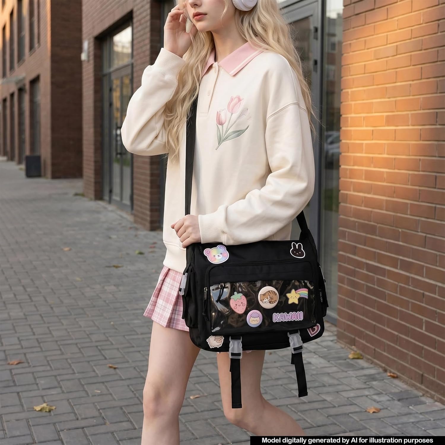 Kawaii Crossbody Ita Bag for Women with Pin Display Window - Cute Nylon Japanese Messenger Bags, Y2K Shoulder Purse