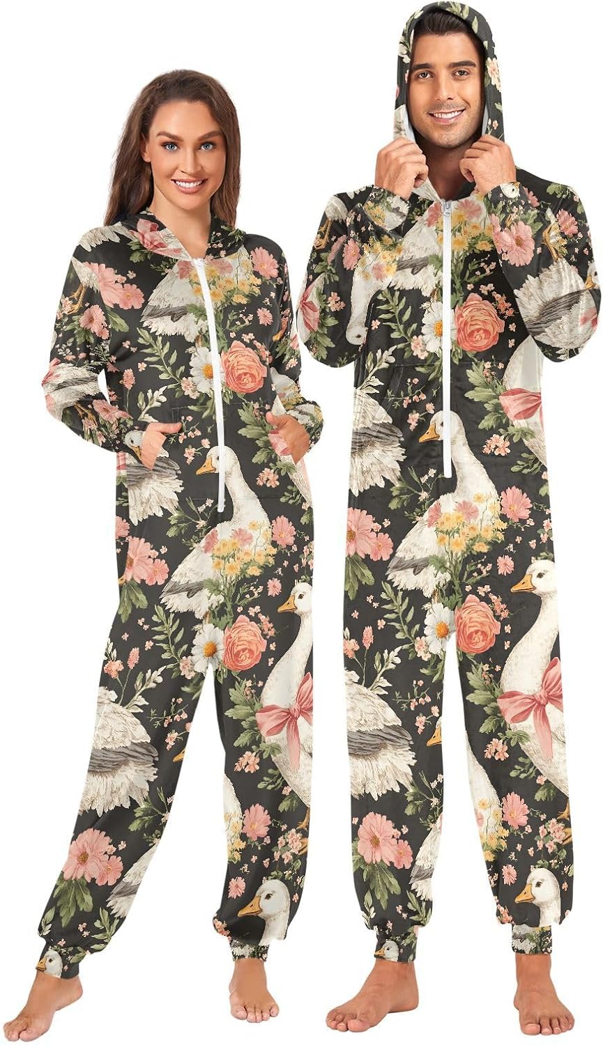 Goose Rose Flower Black Adult Onesie Pajamas Novelty One Piece Costume Sleepwear Jumpsuits Matching PJS