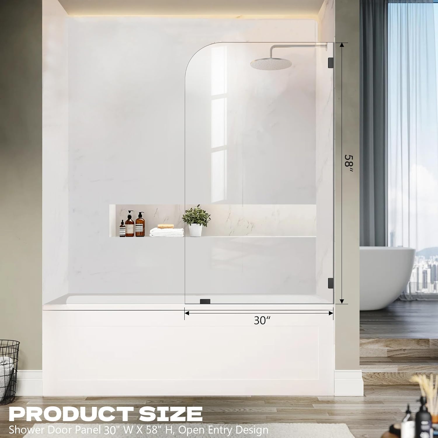 bathtub shower door, 30" w x 58" h fixed tub glass panel with clamps, 1/4"(6mm) clear tempered frameless shower glass door, tub shower doors in matte black black 30" w×58" h