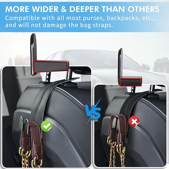 Car Hooks for Headrest, Leather Car Seat Back Storage Organizer Interior Accessories, More Wide & Deep Auto Seat Hook Hangers for Purse Umbrellas Handbag Clothes Coats Grocery Bags (Black-2 Pack)