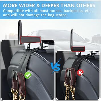 Car Hooks for Headrest, Leather Car Seat Back Storage Organizer Interior Accessories, More Wide & Deep Auto Seat Hook Hangers for Purse Umbrellas Handbag Clothes Coats Grocery Bags (Black-2 Pack)