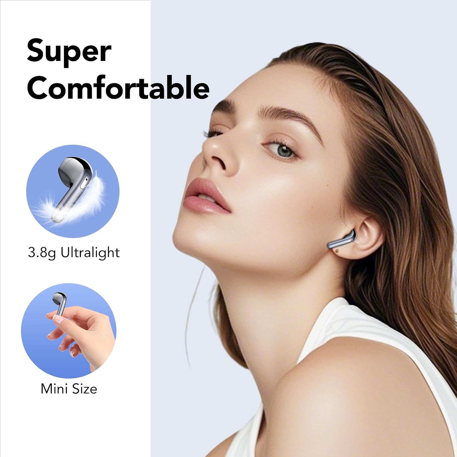 Woman wearing an earbud, with graphics showing 3.8g ultralight and mini size