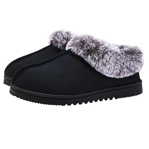 UBXRIN Womens Fuzzy Memory Foam Slippers Boots Cozy Faux Fur House Shoes Indoor Outdoor Rubber Sole Anti-Skid - 11-12 - Black