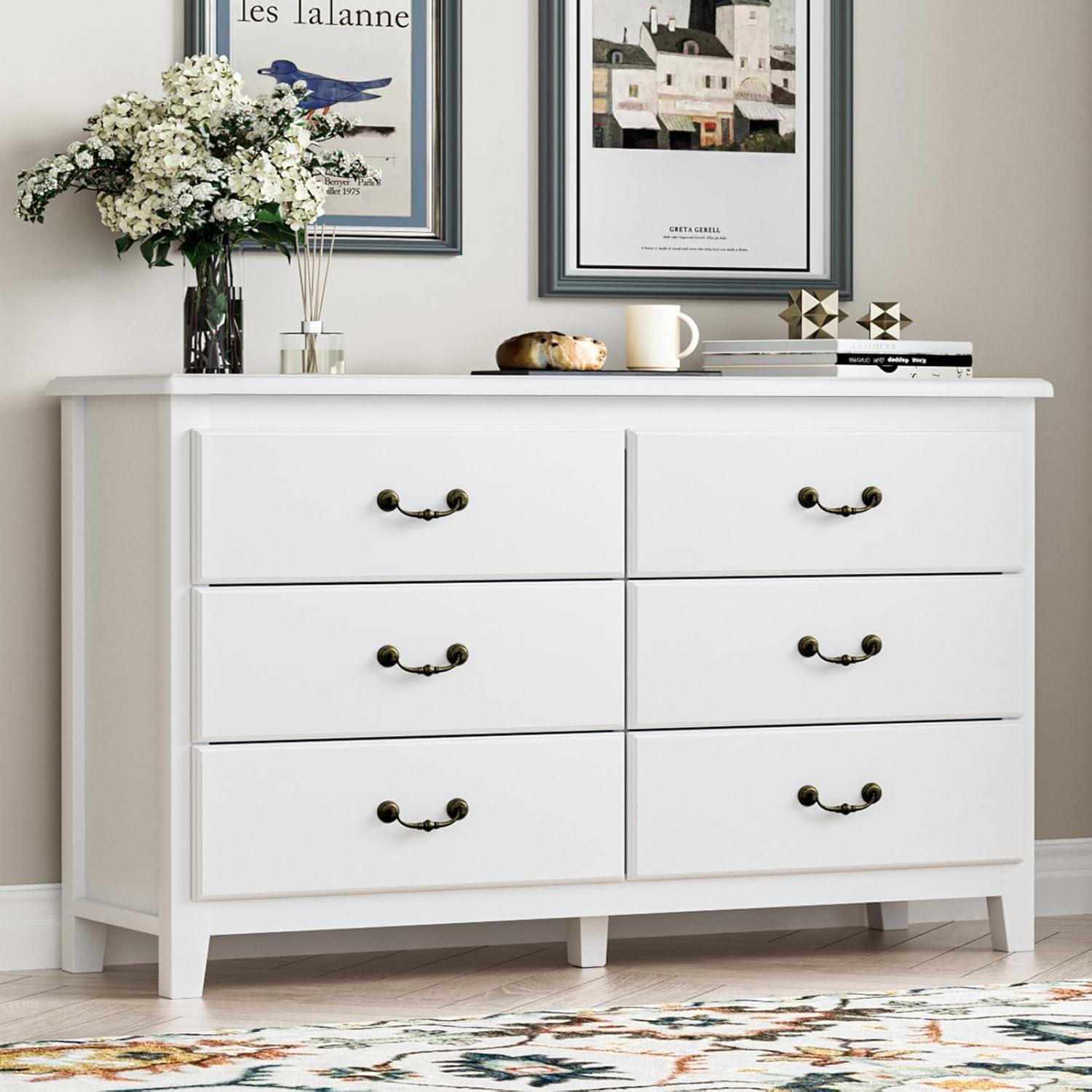 HOUROM Farmhouse 6-Drawer Dresser in a bedroom setting