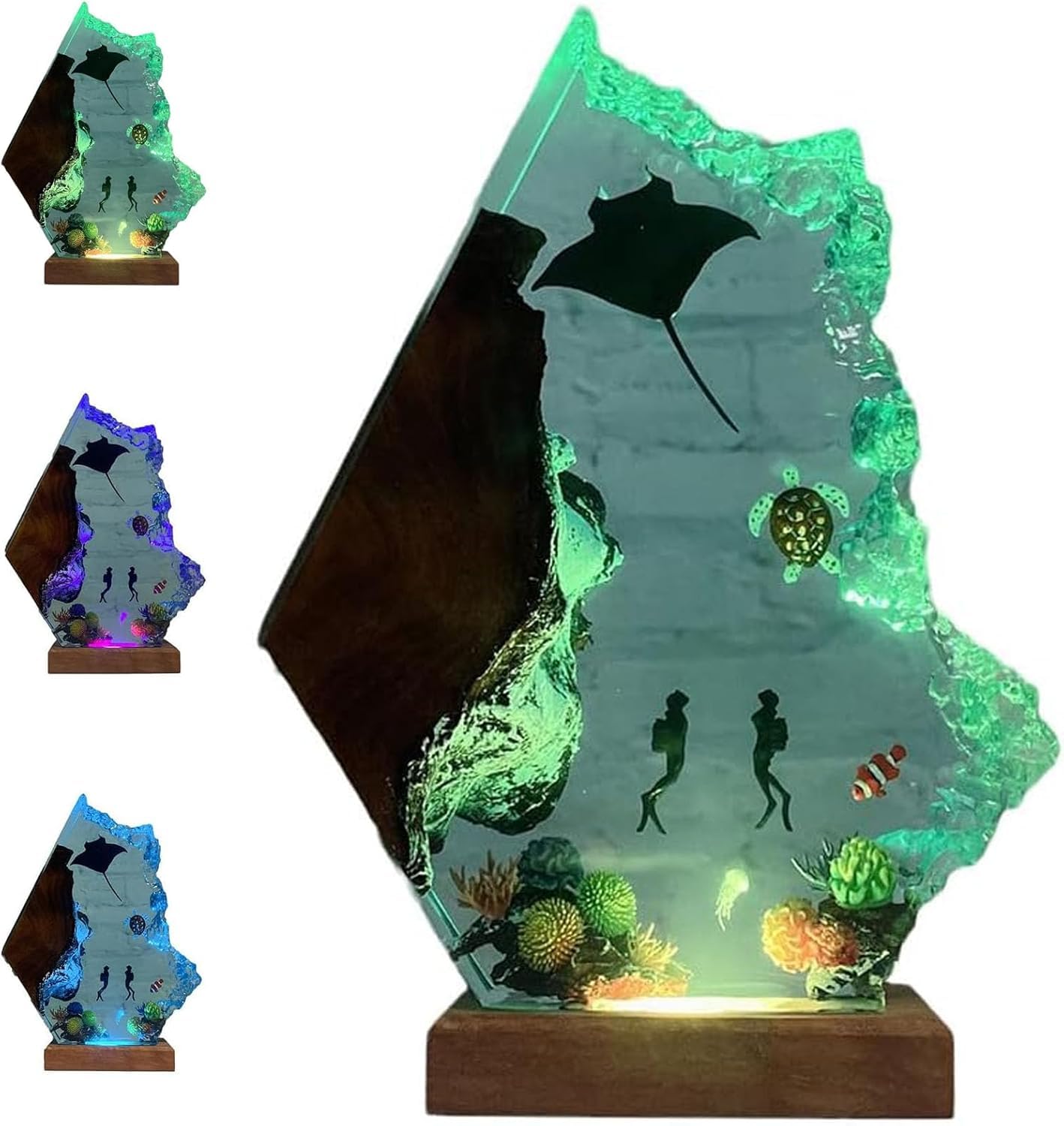 Ocean Creative Epoxy Resin Wood Multicolor Light Lamp, Marine Night with Manta Ray and Divers, Handcrafted Décor for Bedside or Desk, Wooden Base,Creative Gift Christmas Decorations (22 * 15cm)