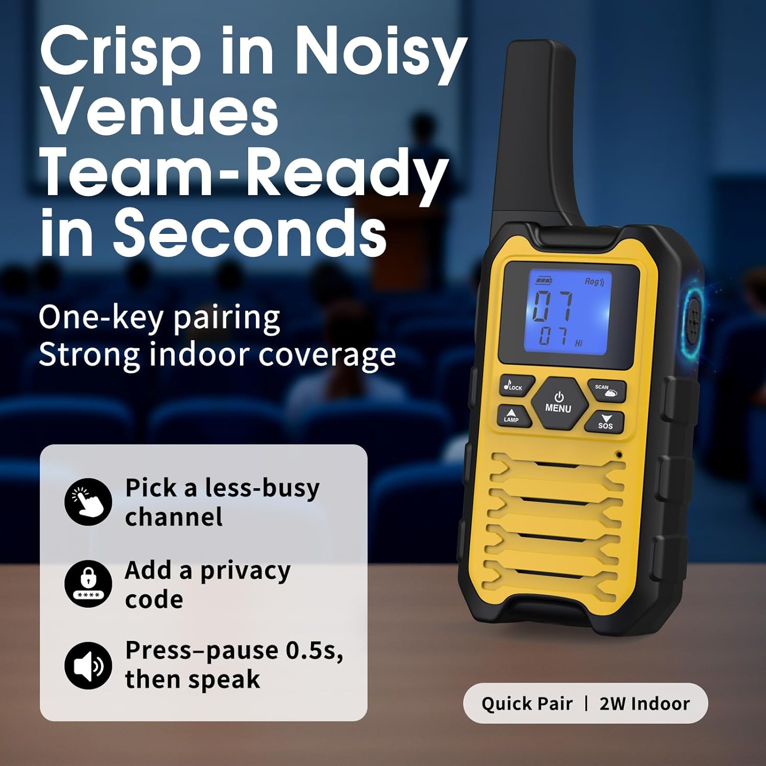 A yellow Wishouse K15 walkie talkie with text overlay providing tips for clear audio in noisy environments, such as picking a less-busy channel and adding a privacy code.