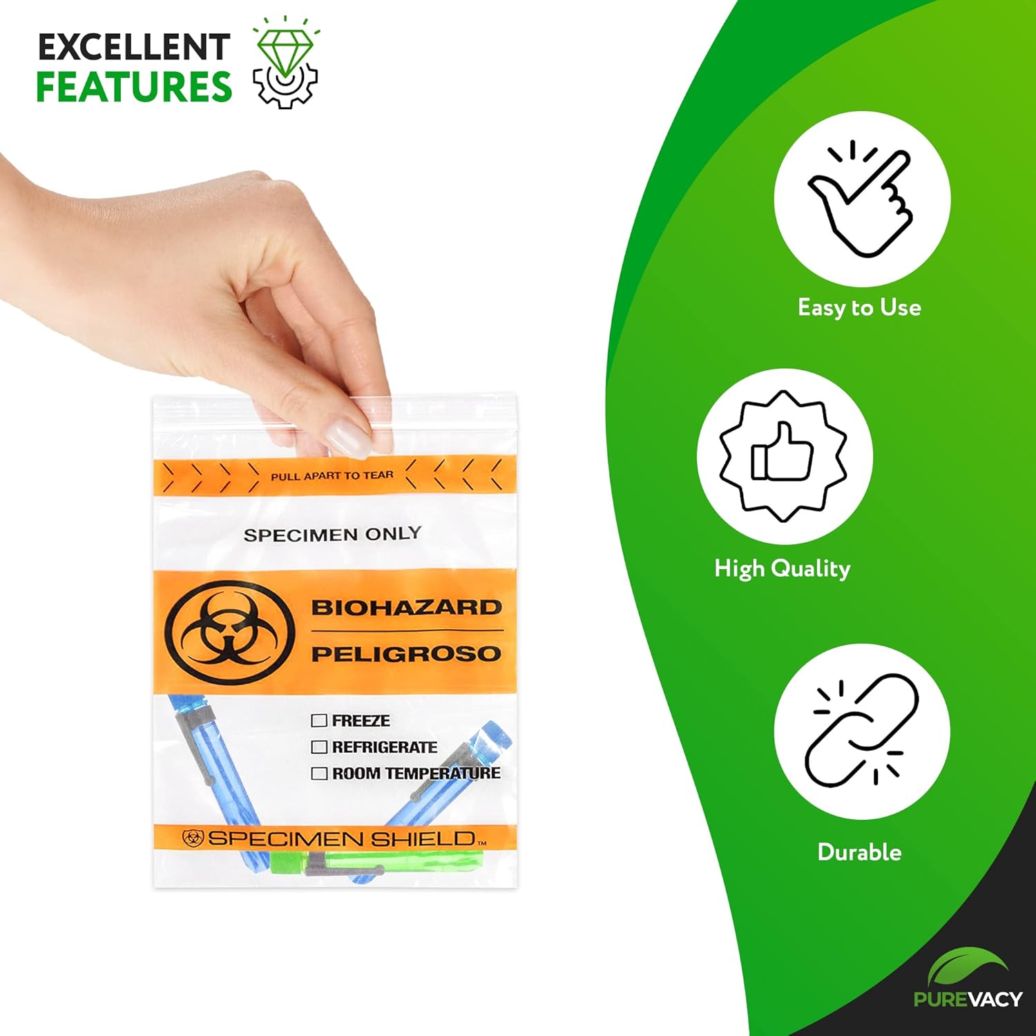 Biohazard Specimen Bags, 12 x 15 Inches. Pack of 100 Clear Orange Biohazard Bags. 3-Wall Polyethylene Speciman Bag, 2 Mils. Waterproof Plastic Bag with Pull-to-Tear Zipper and Hazard Sign
