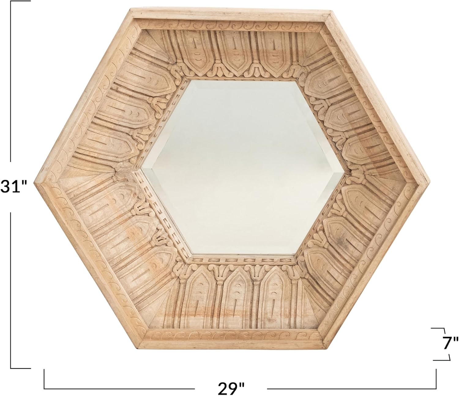 Creative Co-Op Hand-Carved Mango Wood Hexagon Wall Mirror, Sun-Bleached Finish