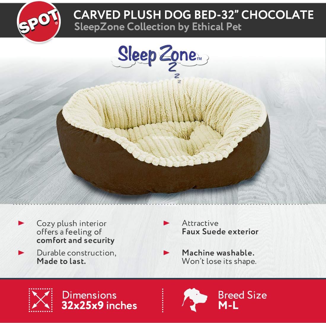 SPOT Sleep Zone Faux Suede Carved Plush Lounger, Cuddler, Napper Dog Bed - Fabric Bottom - 32X25 Inches/Chocolate/Attractive, Durable, Comfortable, Washable