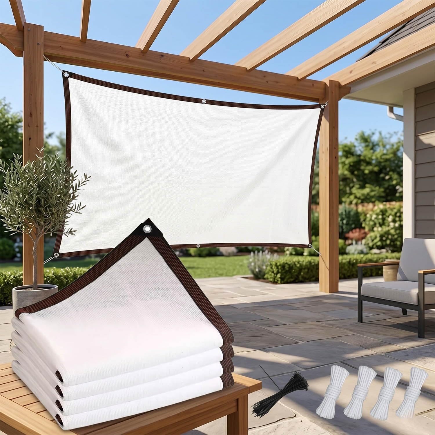 Filet ombrage exterieur blanc impermeable 2x7m avec cordes de fixation pour jardin et terrasse