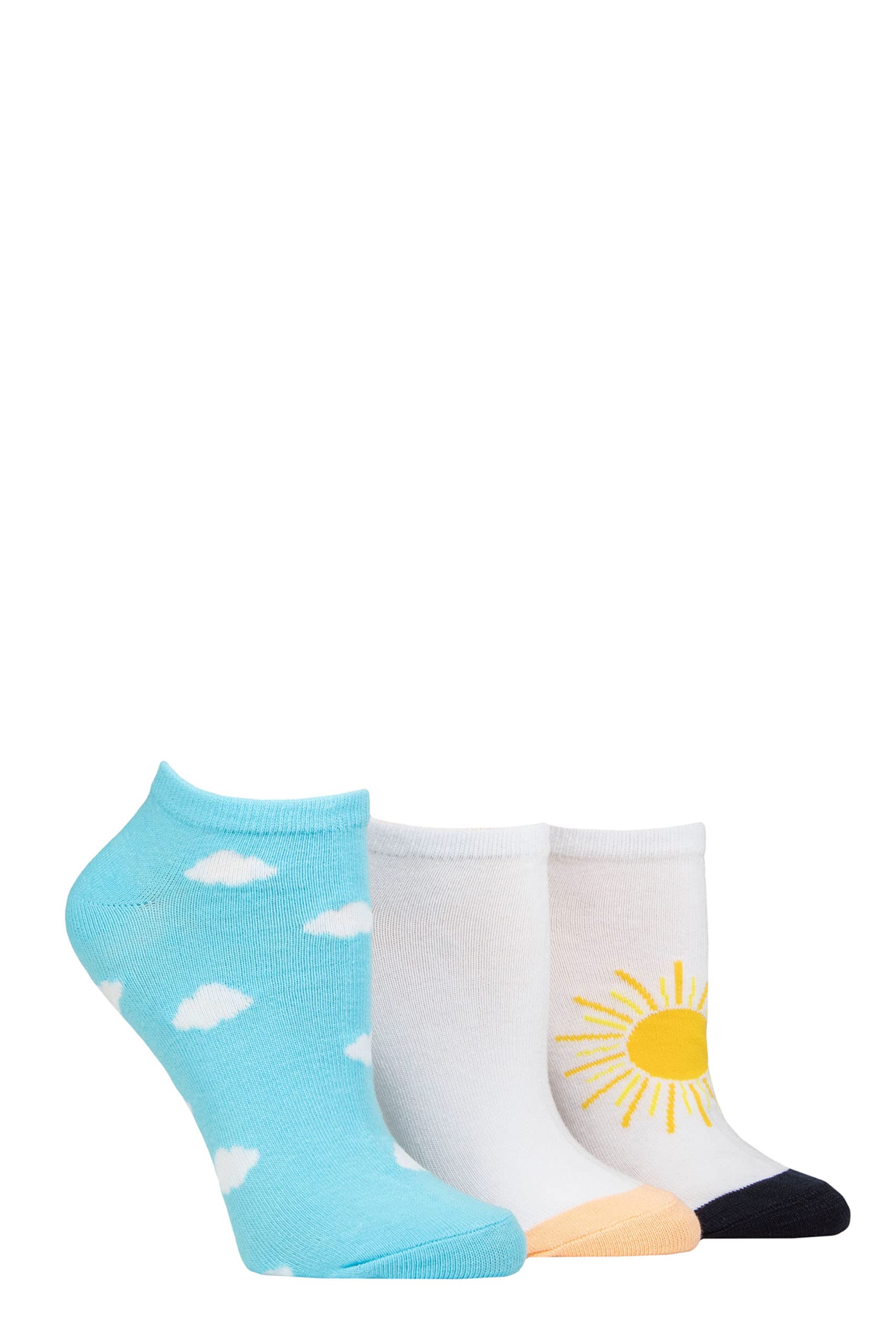 SockShop Wildfeet Ladies Novelty Cotton Trainer Socks Pack of 3 Clouds and Sun 4-8