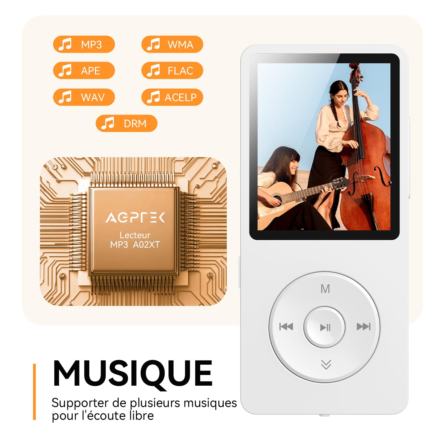 AGPTEK Lecteur MP3 Bluetooth 5.3 32Go,1,8 "Baladeur MP3 Numérique