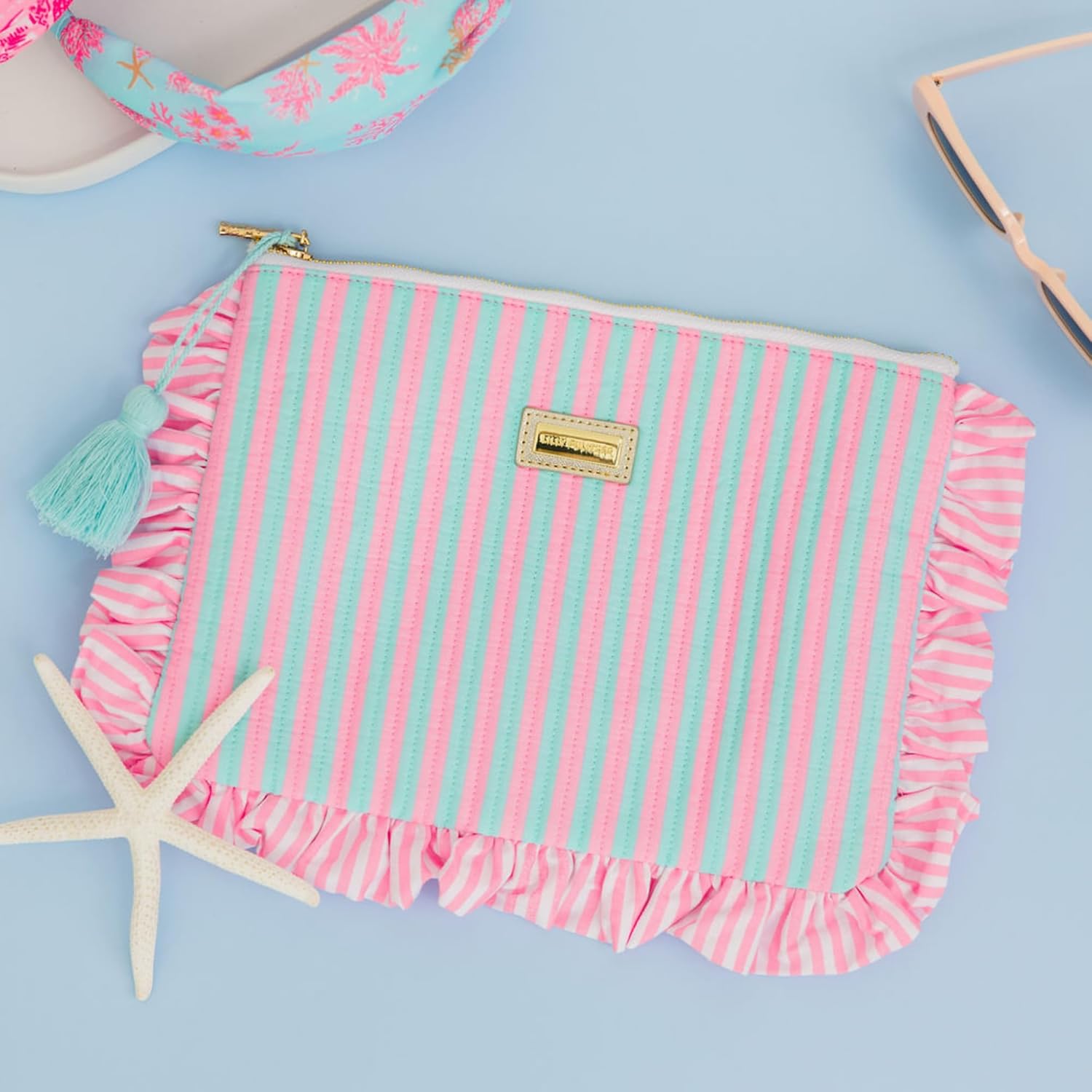 Lilly Pulitzer Quilted Ruffle Zipper Pouch, Cute Pencil Case for Adults, Travel Toiletry Bag, Small Pouch Bag for Supplies, Makeup or Toiletries (Stripe)