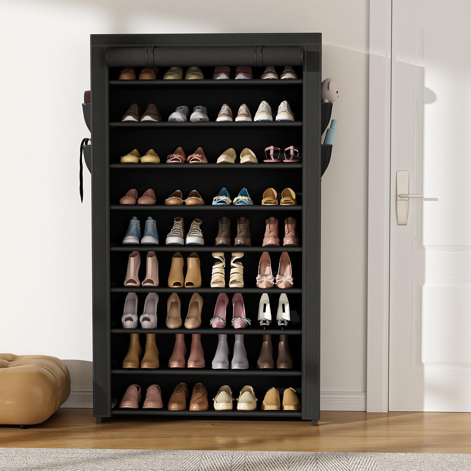 Shoe Rack with Cover Narrow Shoe Organizer with Pockets 10 Tier Tall Shoe Storage Holds 36-41 Pairs Shoes and Boots Shoe Rack for Closet Entryway Garage, Black